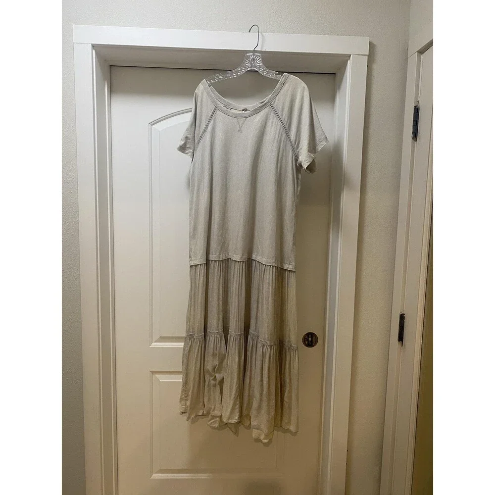 Free People Sun Fade Dress Womens Small Beige T-Shirt Maxi Ruffle Hem Boho